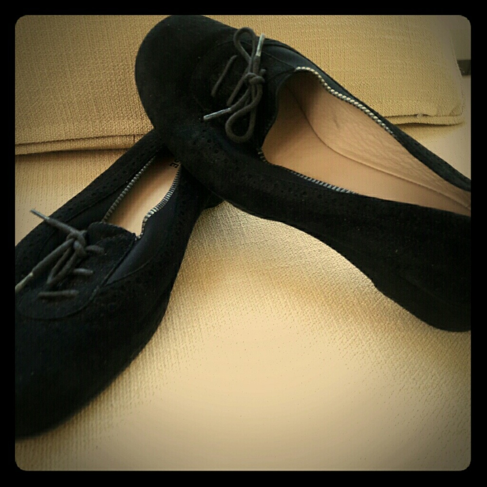Black Suede semi flats with lace up bow 1/2" heel