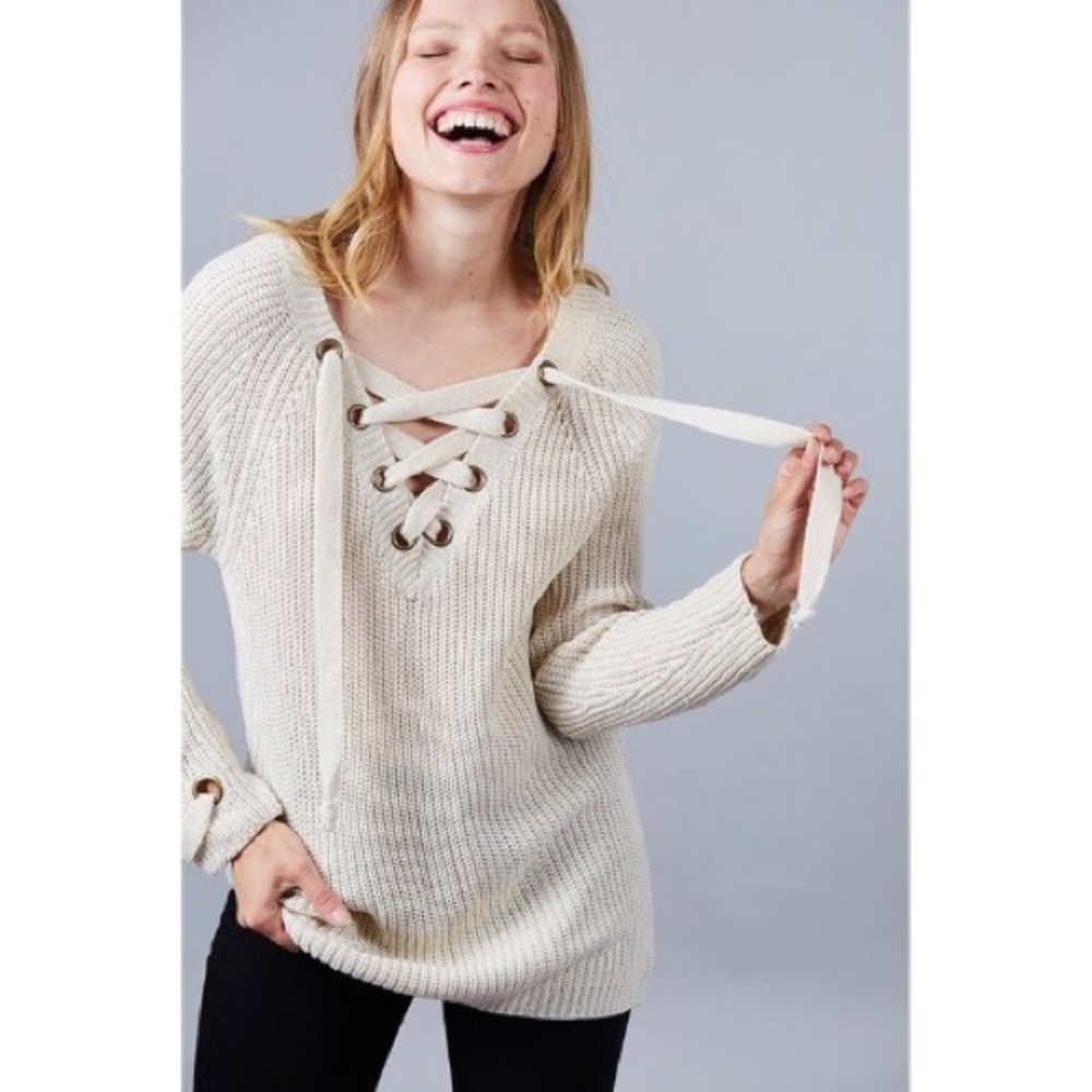 Cream Lace-Up Front Chunky Sweater - Picture 2 of 5