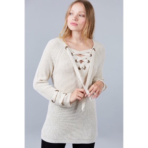 The O Boutique Sweaters - Cream Lace-Up Front Chunky Sweater