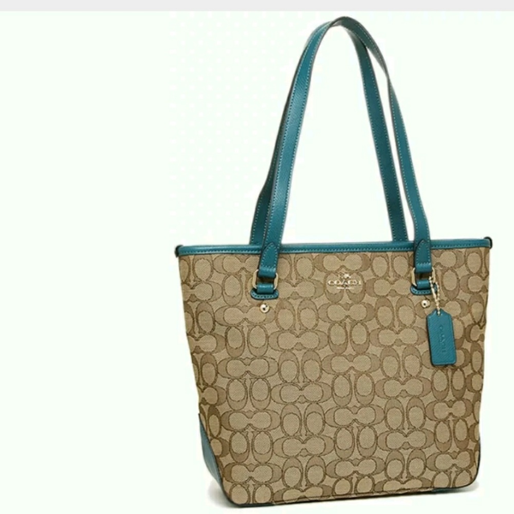 Coach Signiture  Khaki\Teal Zip Top Tote