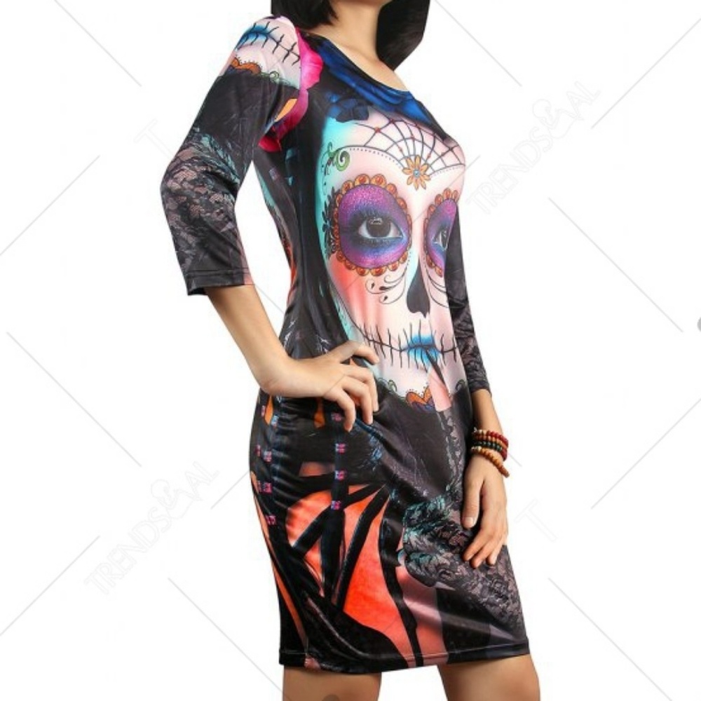 3/4 Sleeve Halloween sugar skull Print Dress