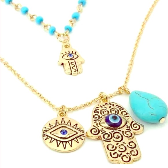 🆕 EVIL EYE & HAND OF HAMSA NECKLACE - Picture 1 of 8