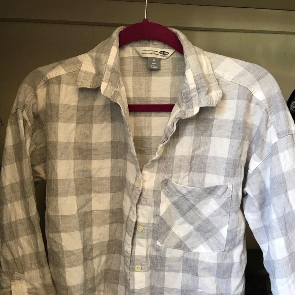 White and grey long sleeve shirt