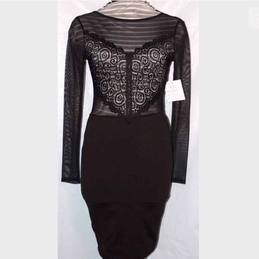 NWT Black Floral Lace Sheer Midi Bodycon Dress