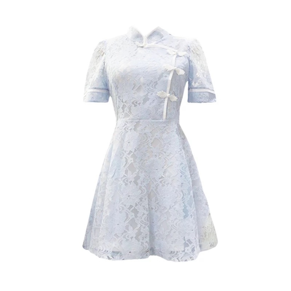 Baby Blue Lace Embroidery Qipao-Style Mini Dress