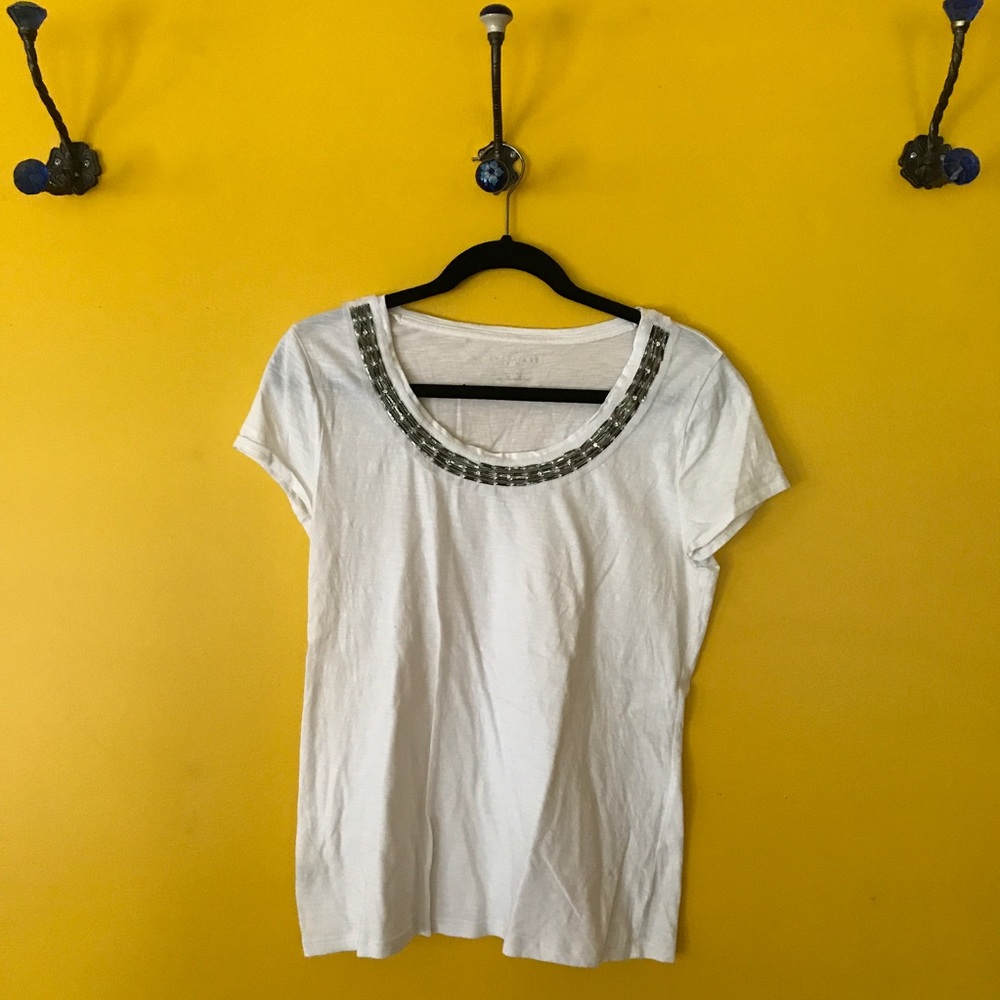 Ann Taylor White Embellished Neck Short Sleeve Top