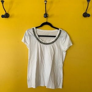 Ann Taylor White Embellished Neck Short Sleeve Top