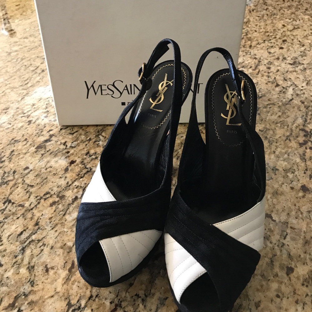 YSL black/white Suede Open Toe Platform Shoes 38
