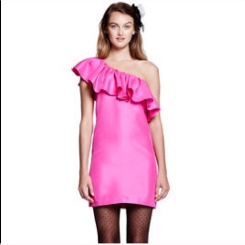 GEORGINA CHAPMAN ONE SHOULDER RUFFLE PINK DRESS