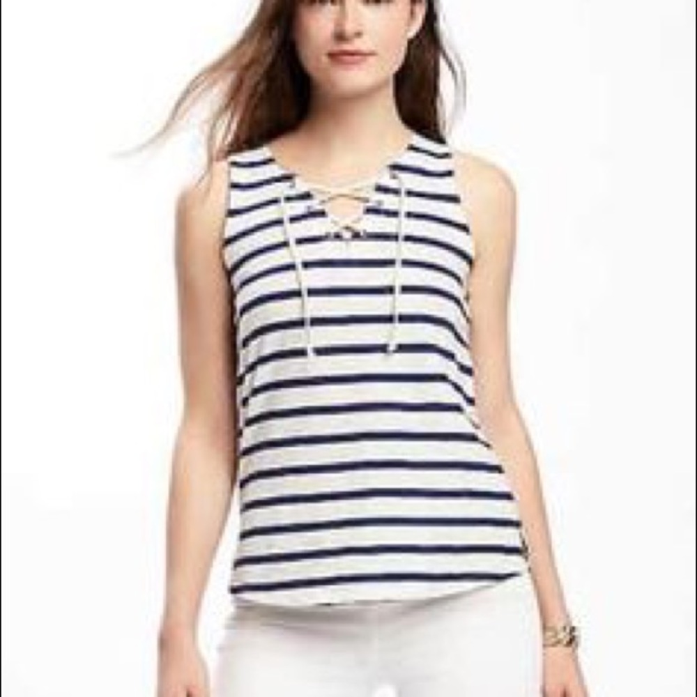 Old Navy white & navy stripe lace-up top (S)