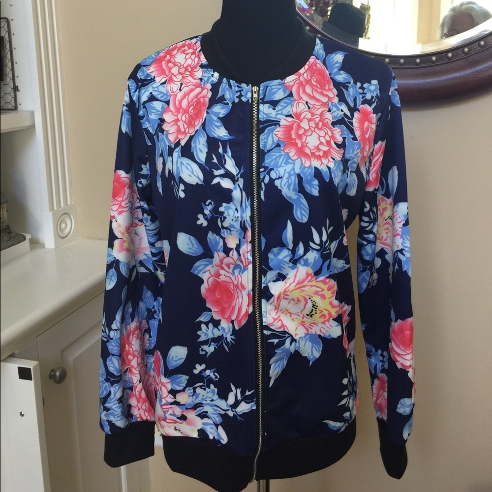 LAST ONE-XL‼️Blue flower silky bomber jacket - Picture 2 of 4