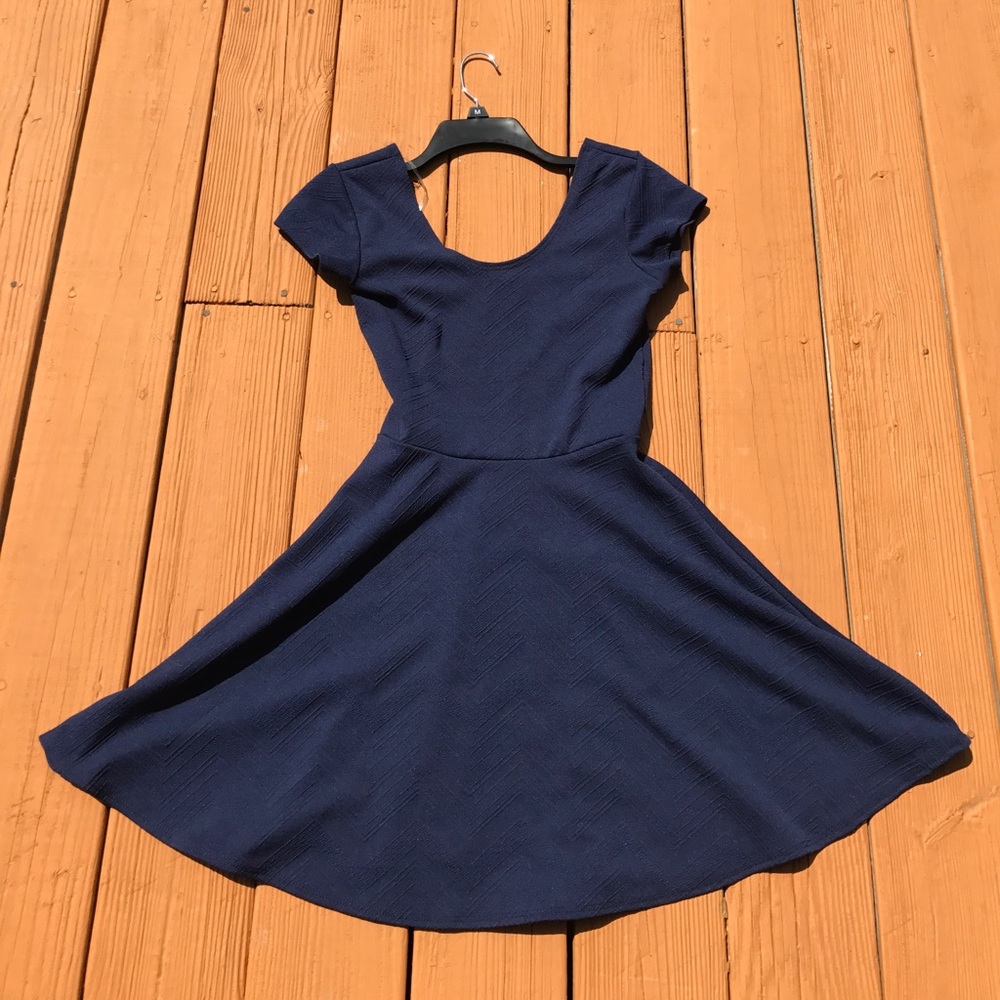 Navy Blue Chevron Patterned Skater Dress Size M ✨