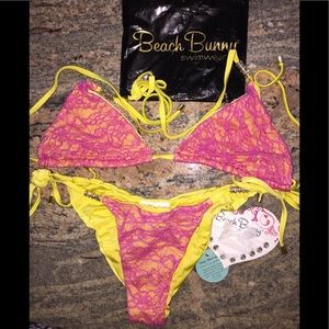 Beach Bunny pink lace/yellow bikini with bling.