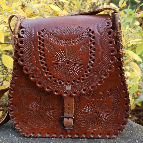 Vintage Handbags - 1960's Hand tooled leather hippy bag