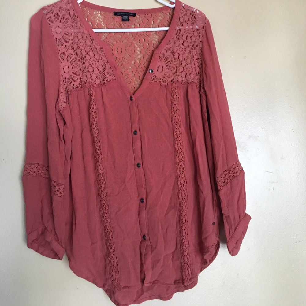 Peach blouse with lace at the top!
