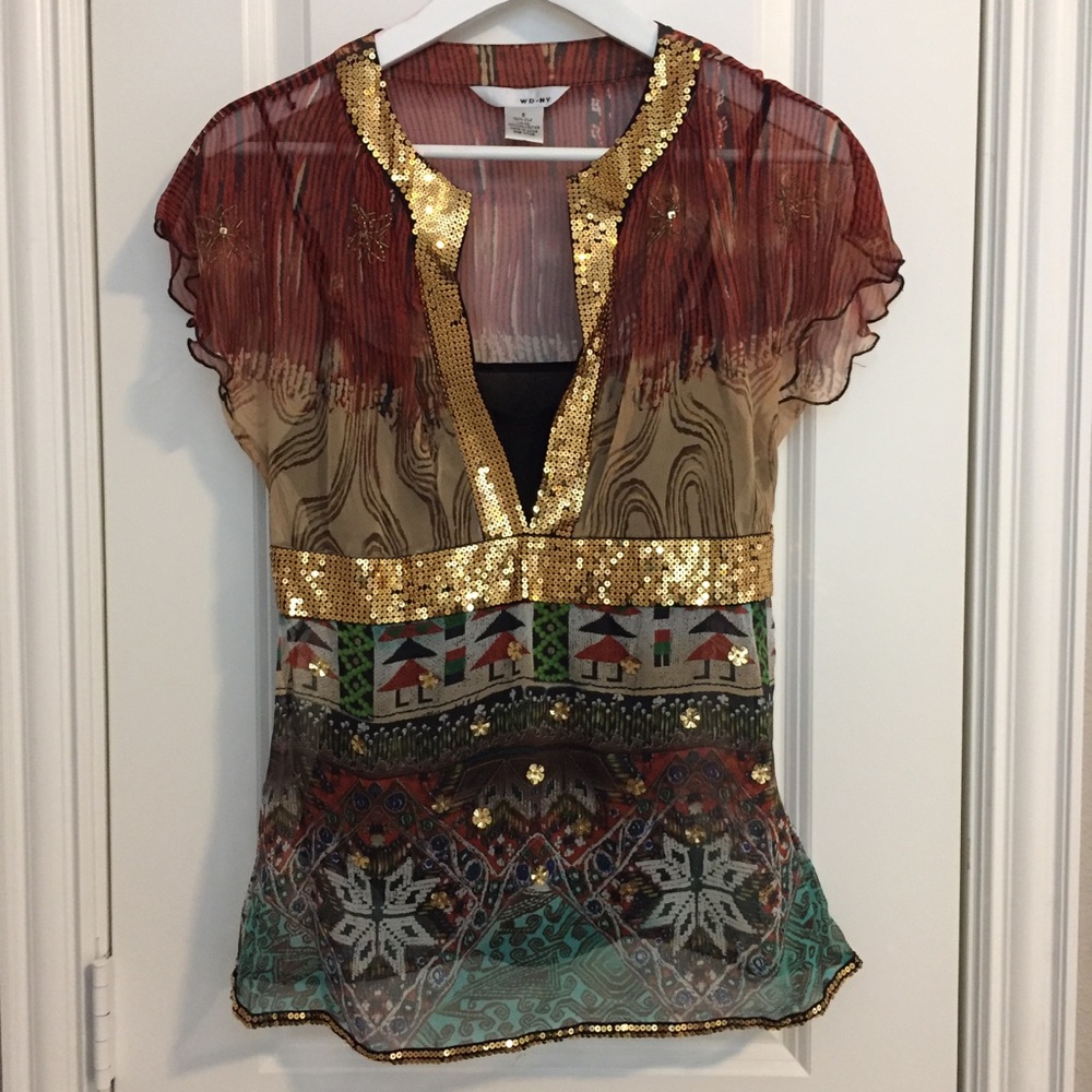 WDNY 100% Silk Sheer Top w/cami & Gold Sequins -6