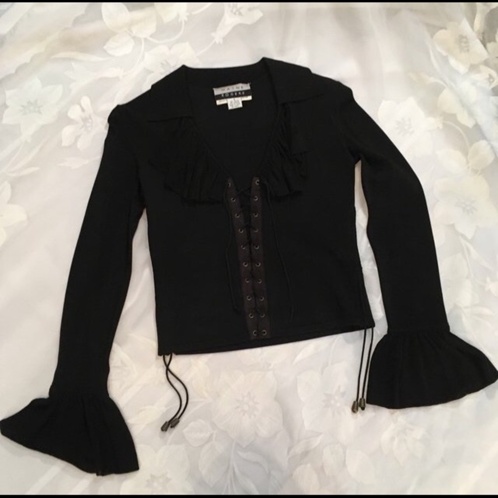 Wayne Rogers Black Flare Sleeve Tie Front Sweater - Picture 1 of 4