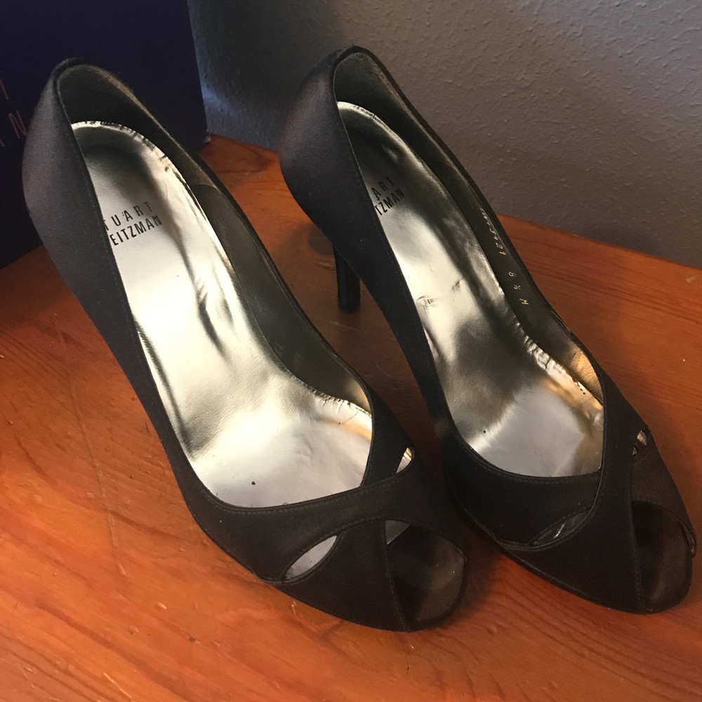 Stuart Weitzman Black Satin Peep Toe Heels