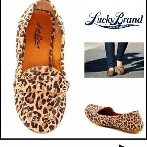 Lucky brand leather leopard print slip ons loafers