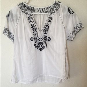 J. Crew Black and White Embroidered Peasant Blouse