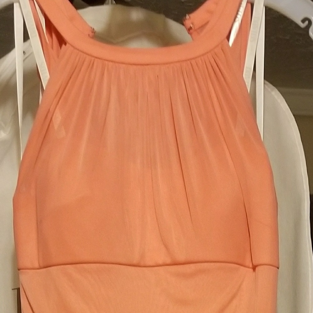 Long mesh bridesmaid dress with illusion neckline