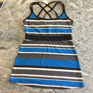 Grey, Black, White and Blue Striped Workout Top