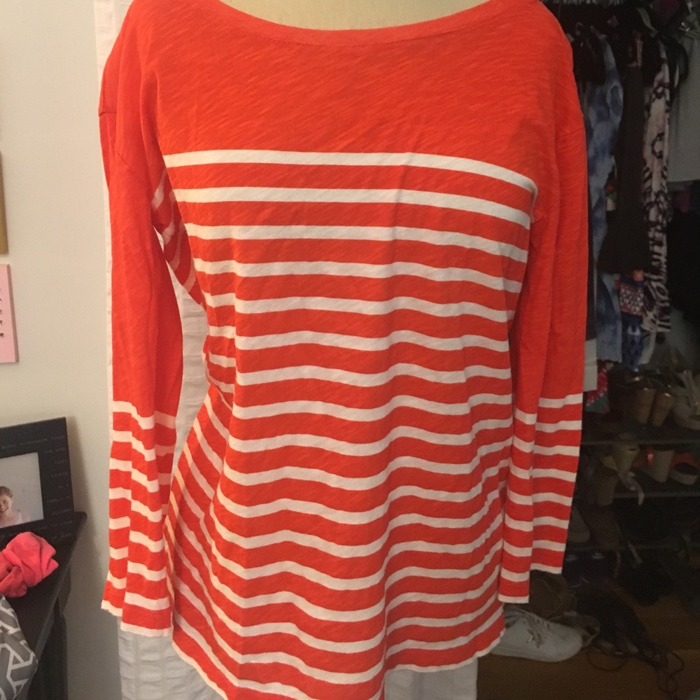 J. Crew White and Orange Stripped Tee