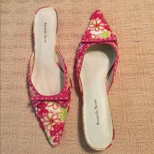 Adorable jeweled floral kitten heel slides