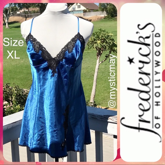 Frederick's of Hollywood Other - FREDERICK'S Lace Trim Blue Satin Chemise Nightie