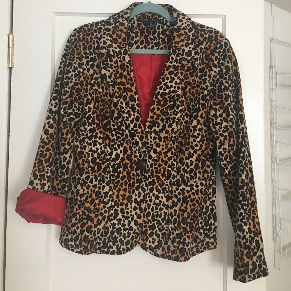 Leopard blazer with red lining.