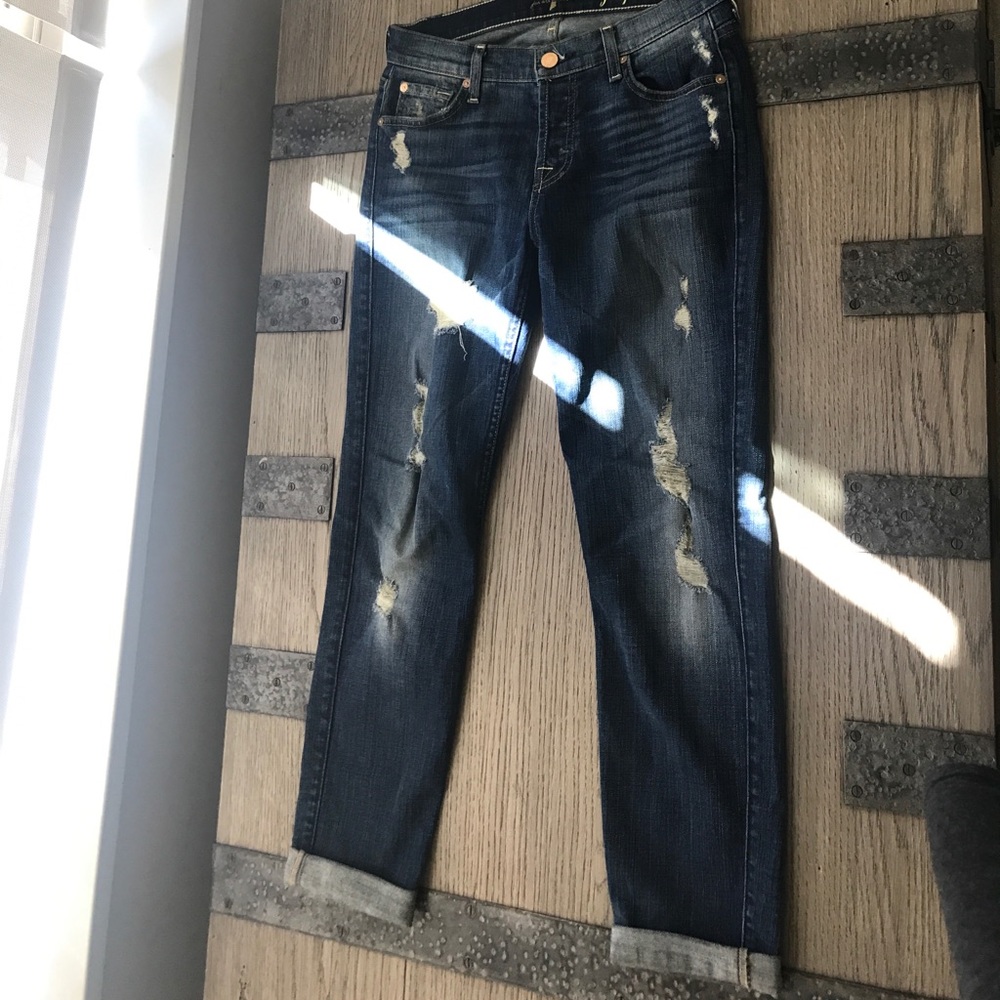 semi dark washed destressed boyfriend cropped jean