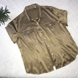 CHICOS. Golden Bronzed Button Down Silk shirt