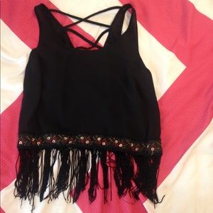 S Black Crop top with flowers and fringe