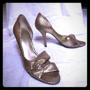 Nine West gold fake snake skin slip on heels.