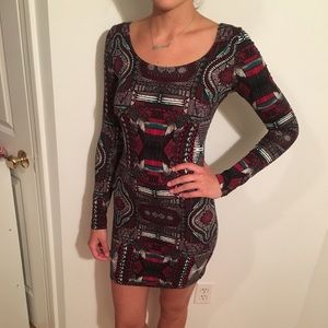 Azetek print body con long sleeve dress