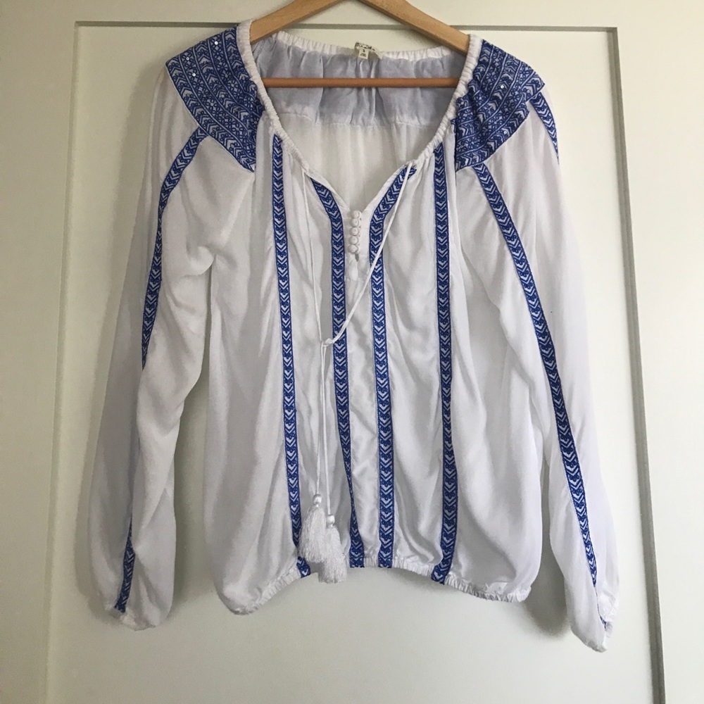 Soft linen sheer top with light blue detail