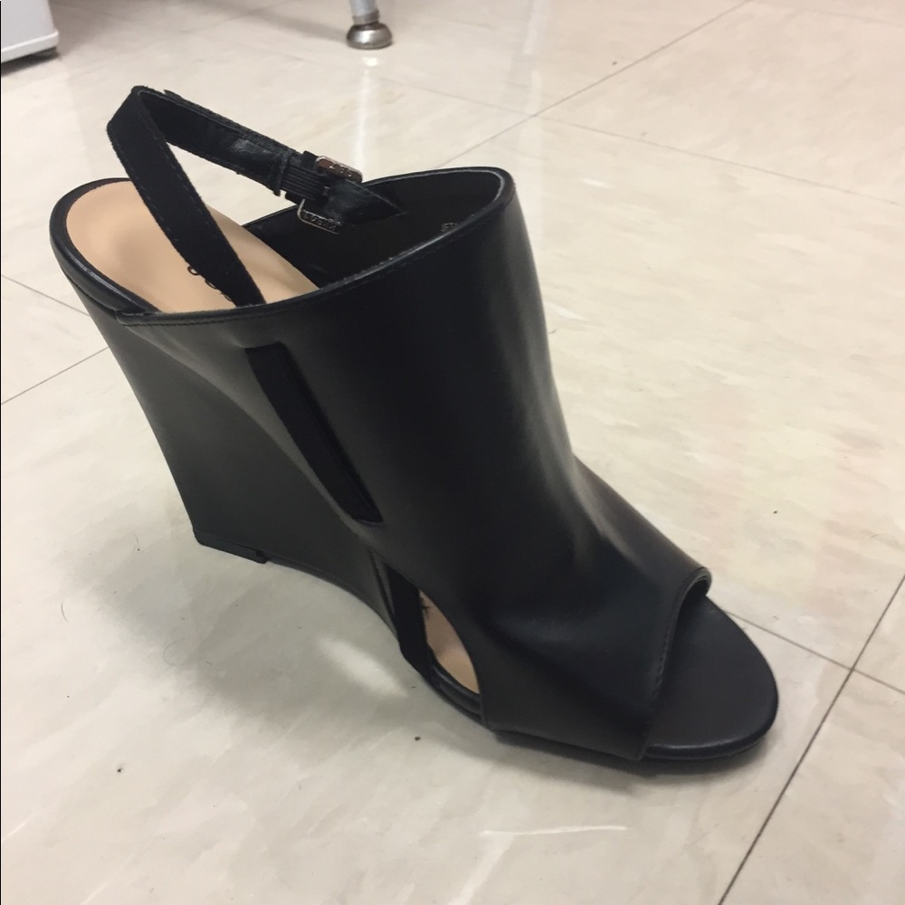 Black leather wedges