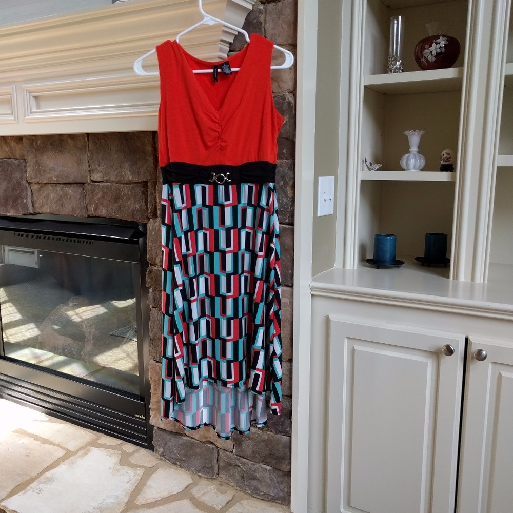 colorful, sleeveless dress w empire waist, size S