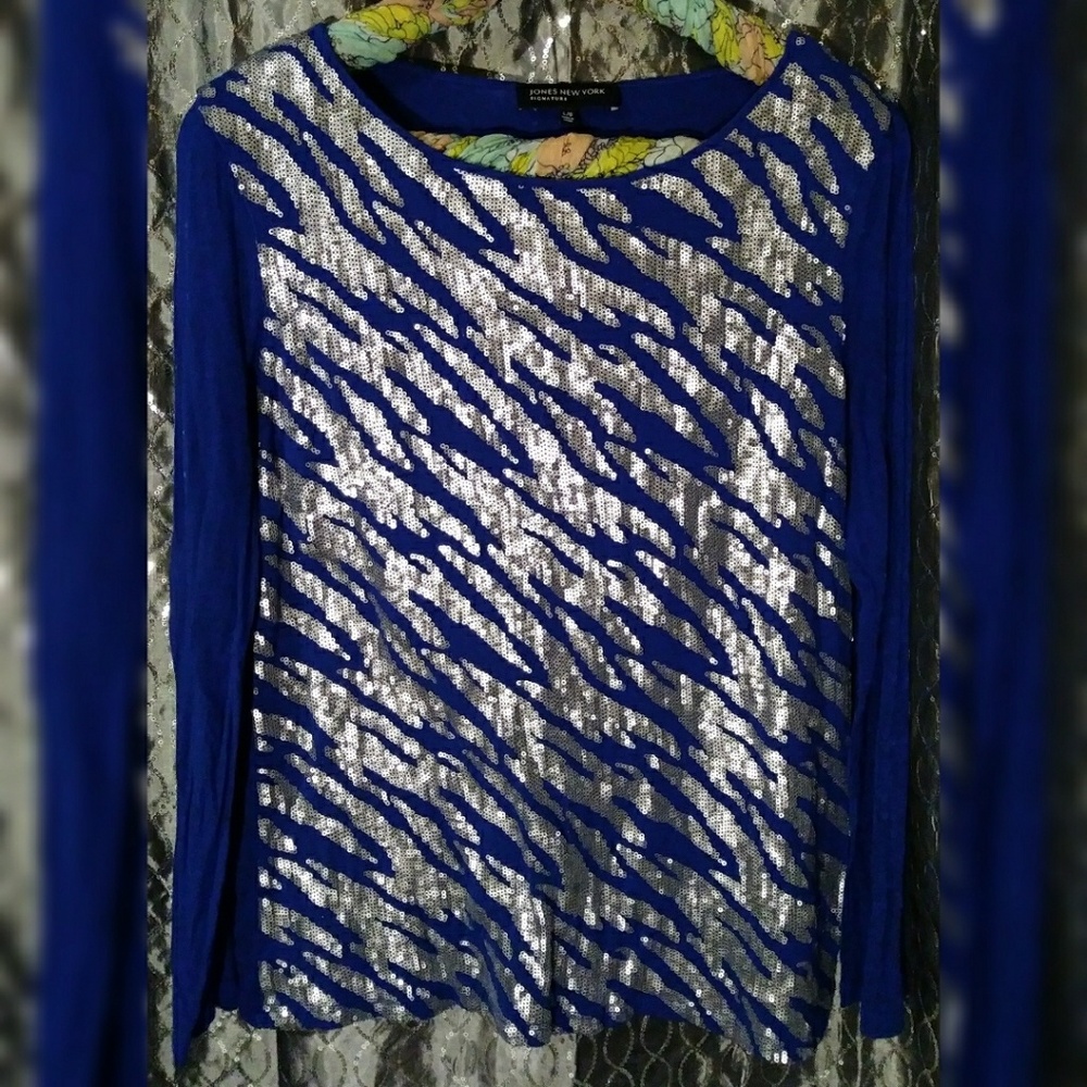 Jones New York blue silver zebra sequin sweater