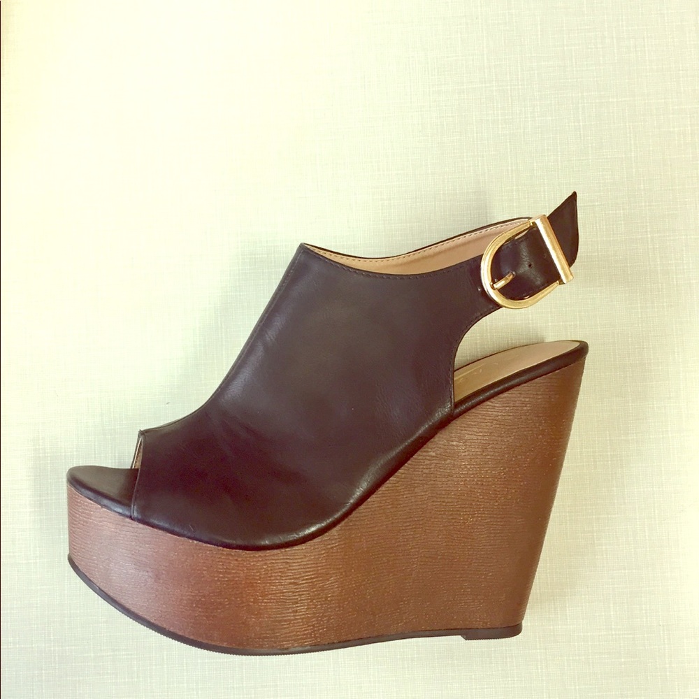 Black leather wedges
