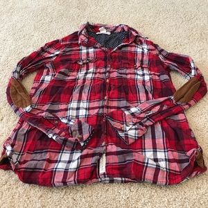 Red flannel shirt with elbow pads