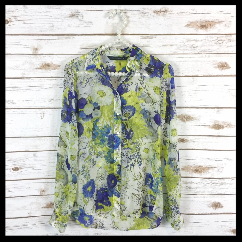 SOLD 💚 zara // floral print green blue blouse - Picture 1 of 4