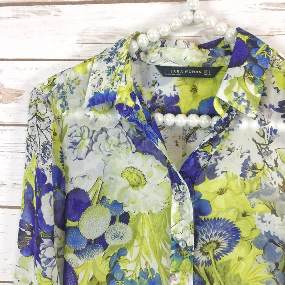 SOLD 💚 zara // floral print green blue blouse - Picture 2 of 4