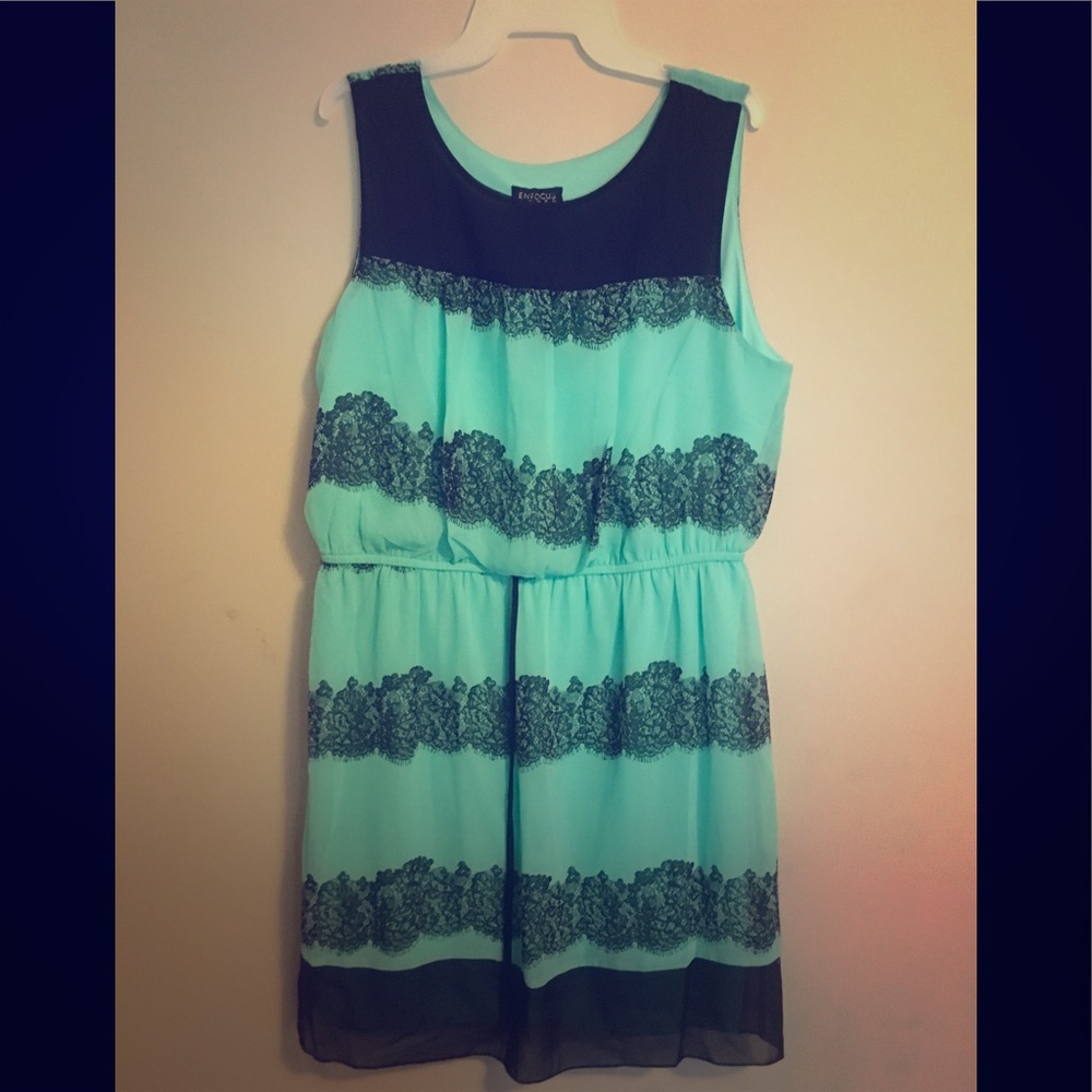 Classy Teal Mini Dress With Black Lace accents 16w