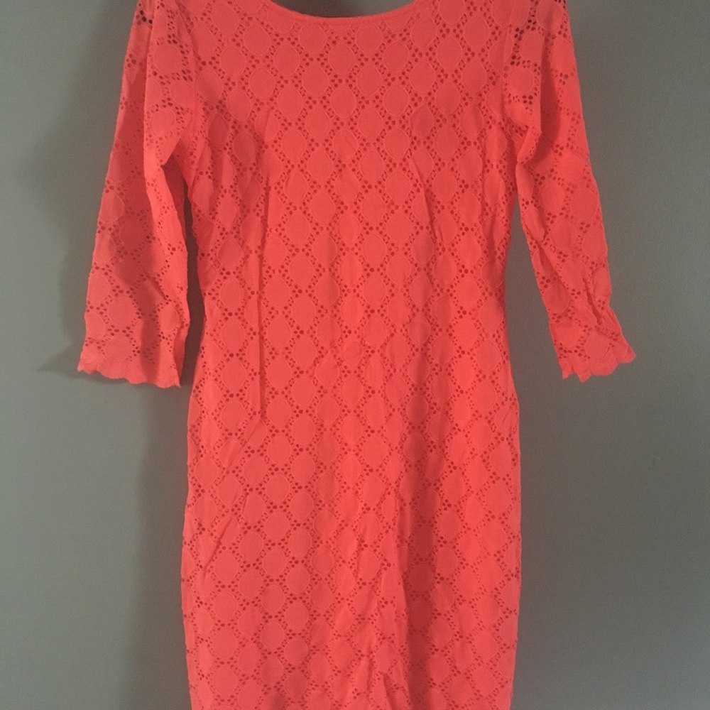Great 3/4 sleeve coral eyelet dress.