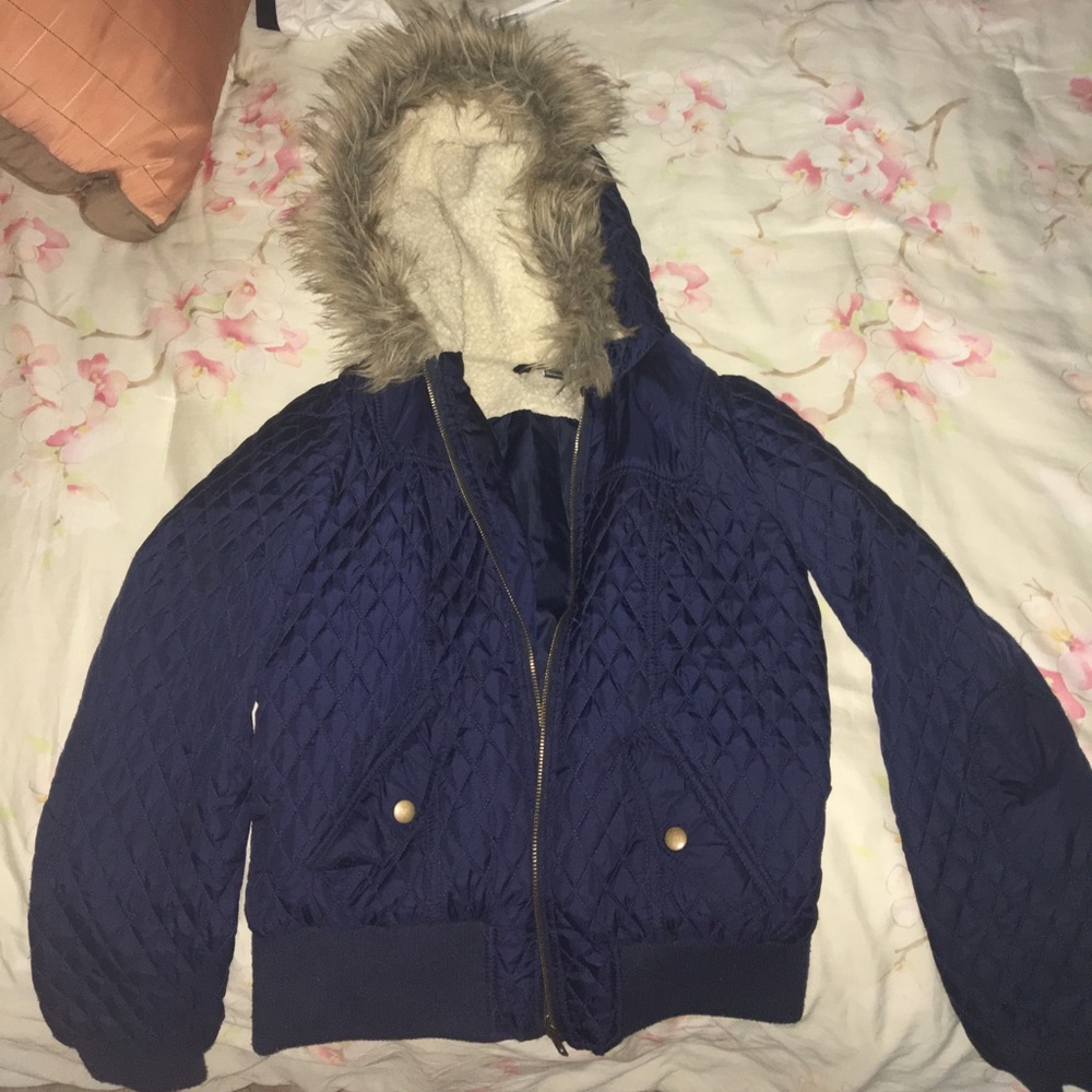 Navy blue bomber jacket with hood