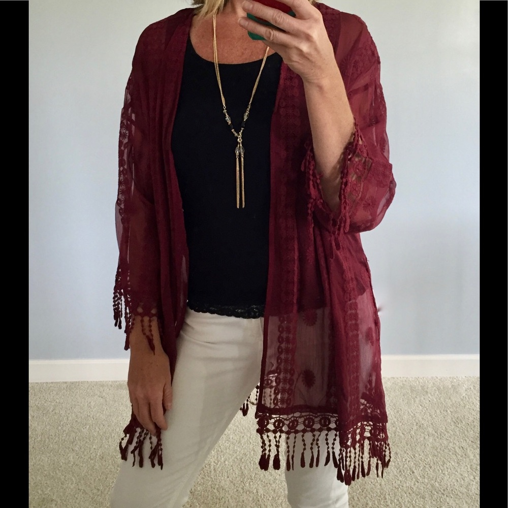 ❤️1 Small Left❤️Sheer Burgandy Open Cardi - Picture 3 of 7
