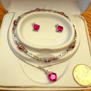 3 piece sterling silver and pink gemstone set