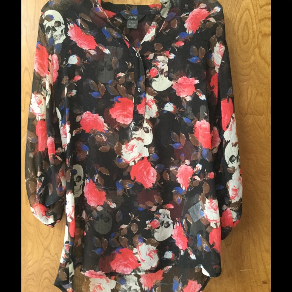Black Red Rose & Skull Heads Tunic Top Rocker 47