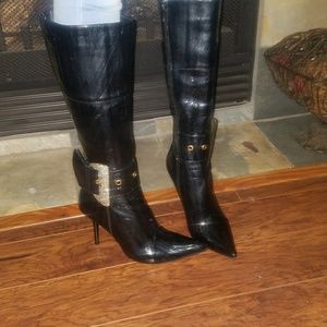 Boots, faux patent leather, rhinestone buckle